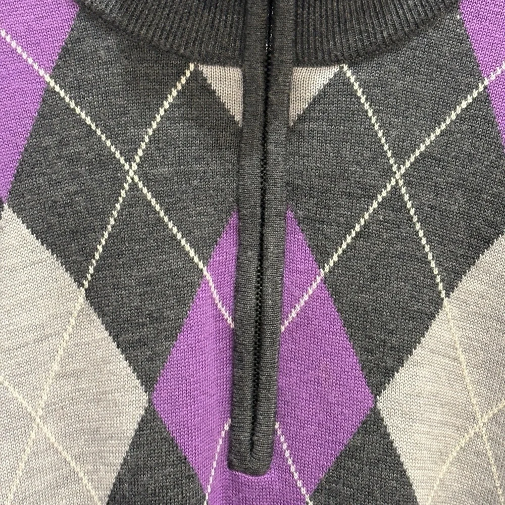 FootJoy Argyle Golf Sweater Men Large Purple Gray Knit 1/4 Zip Pullover